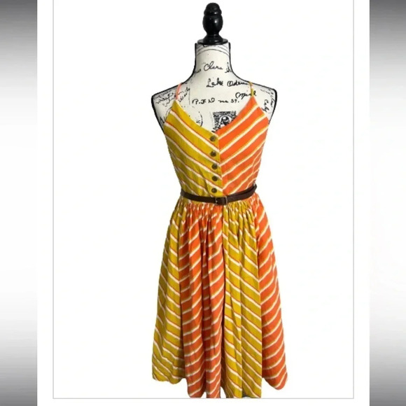 BOHEMIAN DRESS STRIPED ORANGE & YELLOW SLEEVELESS FIT FLAIR MIDI - Picture 2 of 11
